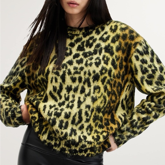 All Saints Sweaters - Lex Leopard Print Crewneck Sweater In Electric Yellow All Saints